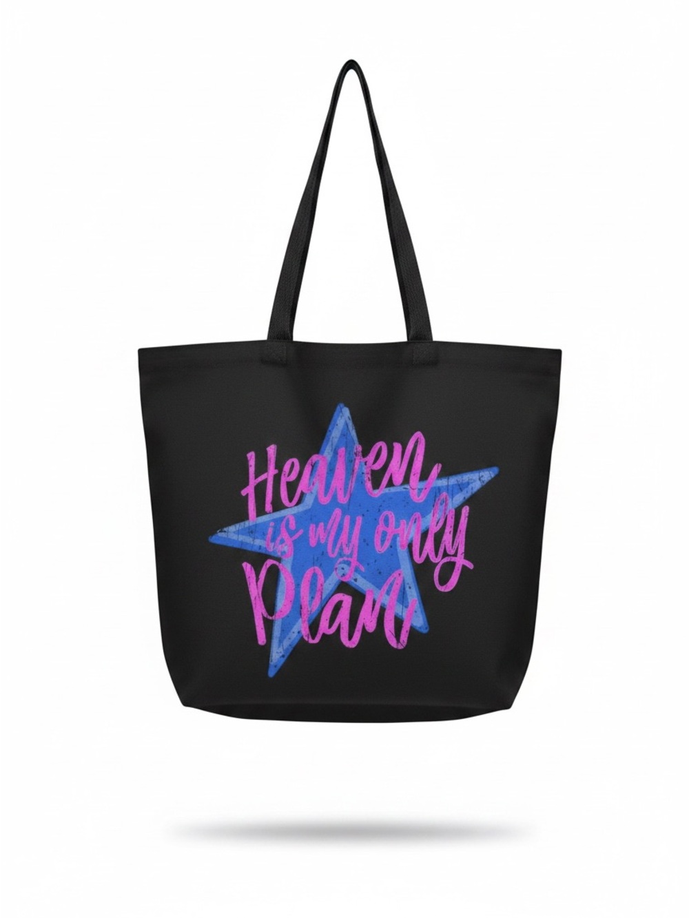 Heaven Is My Only Plan Black Tote Bag with Blue Star & Pink Script